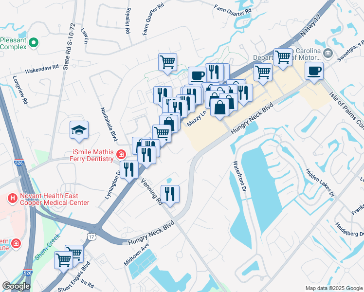 map of restaurants, bars, coffee shops, grocery stores, and more near 1136 Weaver Circle in Mount Pleasant