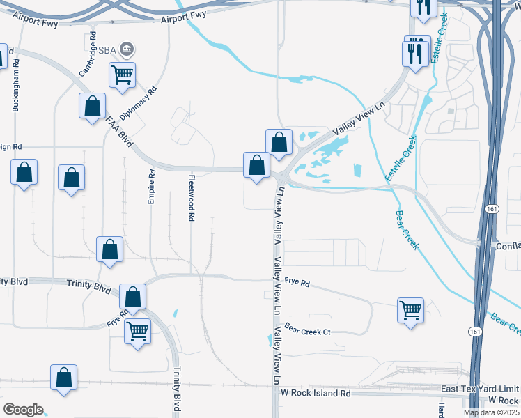 map of restaurants, bars, coffee shops, grocery stores, and more near Valley View Place in Irving