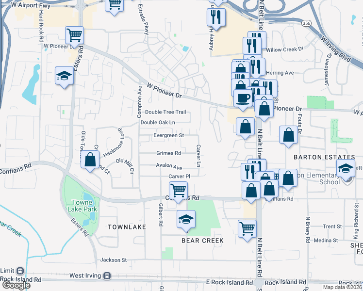 map of restaurants, bars, coffee shops, grocery stores, and more near 3872 Evergreen Street in Irving