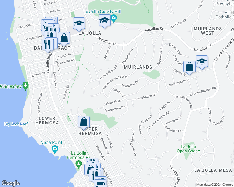 map of restaurants, bars, coffee shops, grocery stores, and more near 1009 Solymar Drive in San Diego