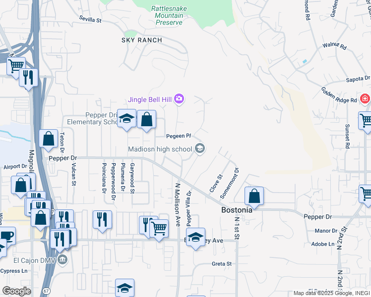 map of restaurants, bars, coffee shops, grocery stores, and more near 11402 Cacho Court in El Cajon