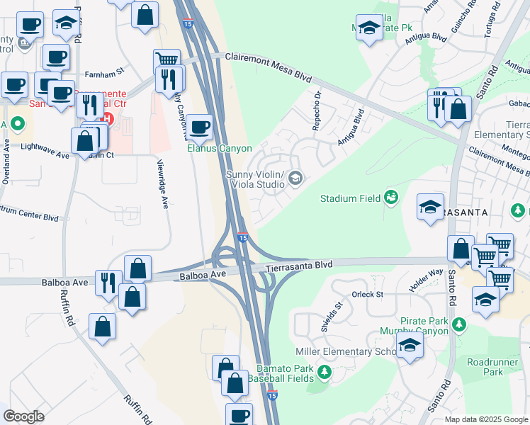 map of restaurants, bars, coffee shops, grocery stores, and more near 9768 Caminito Del Marfil in San Diego