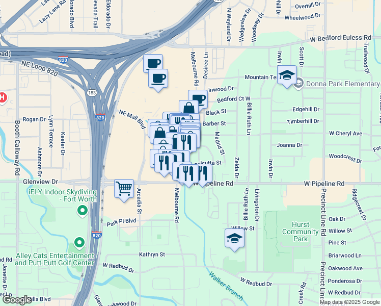 map of restaurants, bars, coffee shops, grocery stores, and more near 914 Venice Street in Hurst