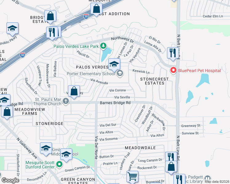 map of restaurants, bars, coffee shops, grocery stores, and more near 610 Via Corona in Mesquite