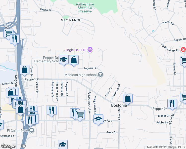 map of restaurants, bars, coffee shops, grocery stores, and more near 11402 Cacho Court in El Cajon