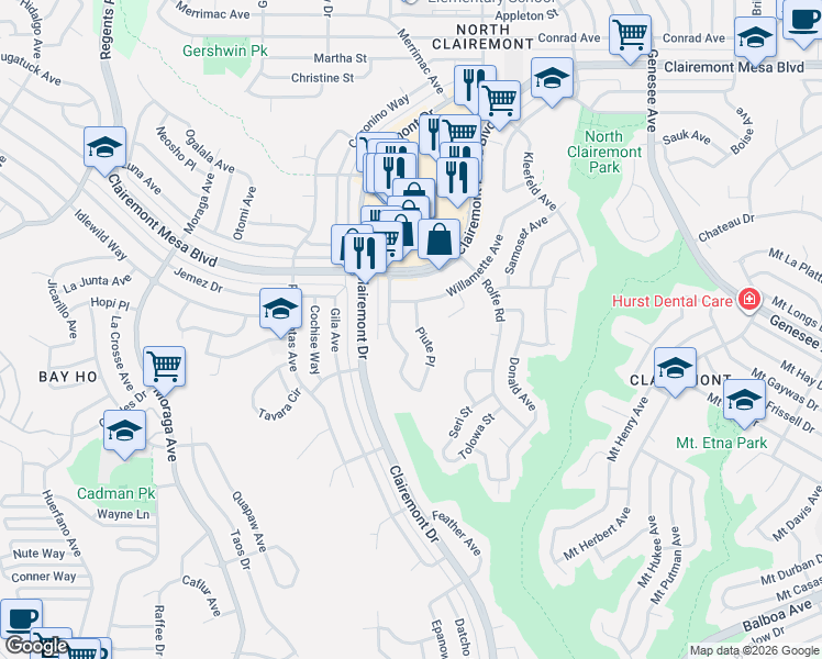 map of restaurants, bars, coffee shops, grocery stores, and more near 4552 Piute Place in San Diego