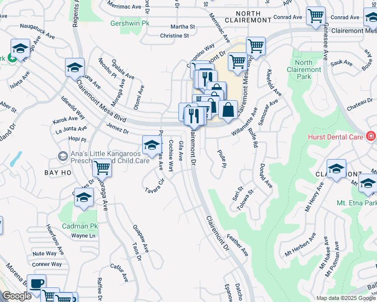 map of restaurants, bars, coffee shops, grocery stores, and more near 4551 Gila Avenue in San Diego