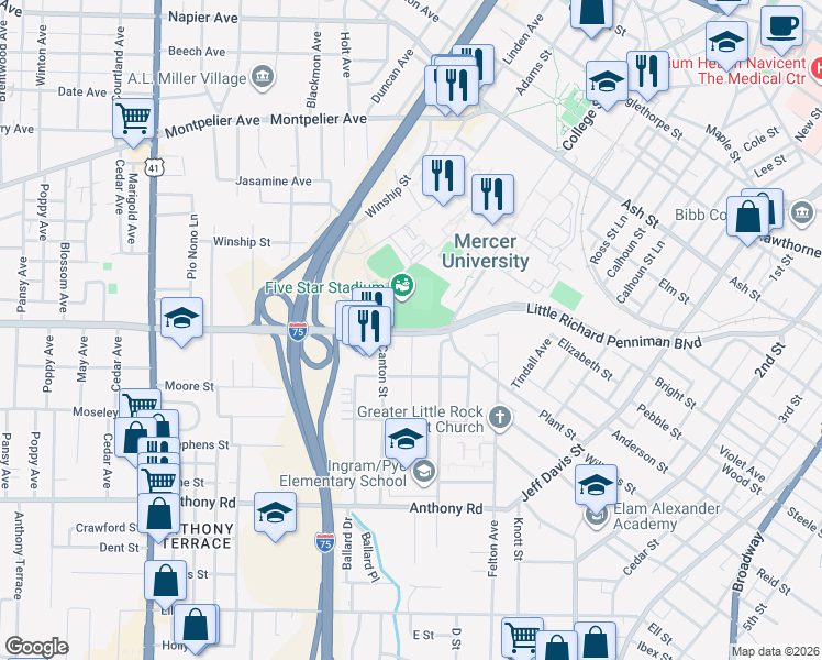 map of restaurants, bars, coffee shops, grocery stores, and more near in Macon