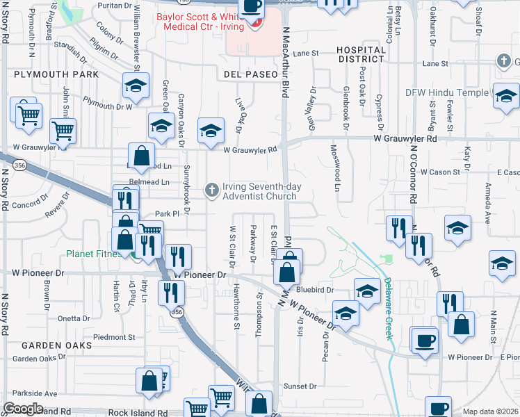 map of restaurants, bars, coffee shops, grocery stores, and more near 1116 Wentwood Drive in Irving