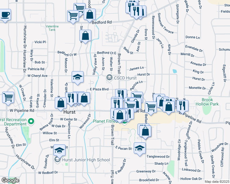 map of restaurants, bars, coffee shops, grocery stores, and more near 817 Plaza Boulevard in Bedford