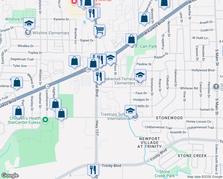 map of restaurants, bars, coffee shops, grocery stores, and more near 910 Danny Creek Drive in Euless