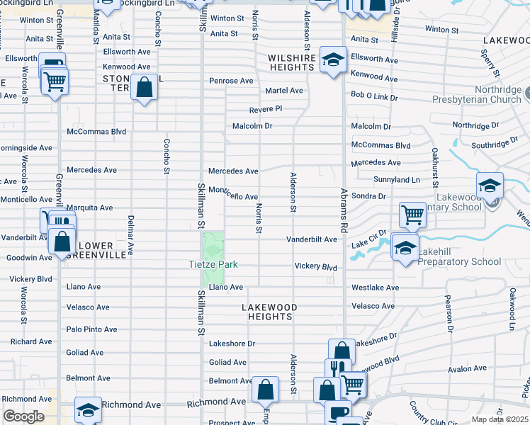 map of restaurants, bars, coffee shops, grocery stores, and more near 6207 Marquita Avenue in Dallas