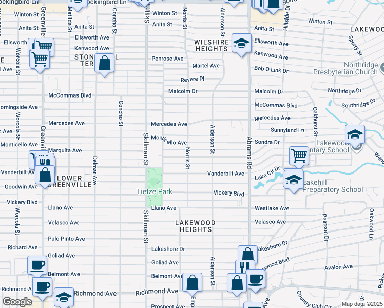 map of restaurants, bars, coffee shops, grocery stores, and more near 6207 Marquita Avenue in Dallas