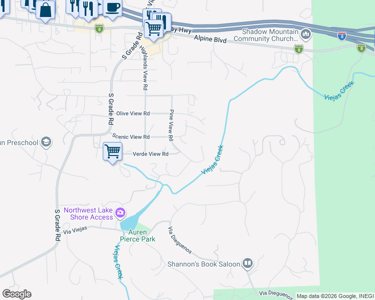 map of restaurants, bars, coffee shops, grocery stores, and more near 1961 Pine View Road in Alpine