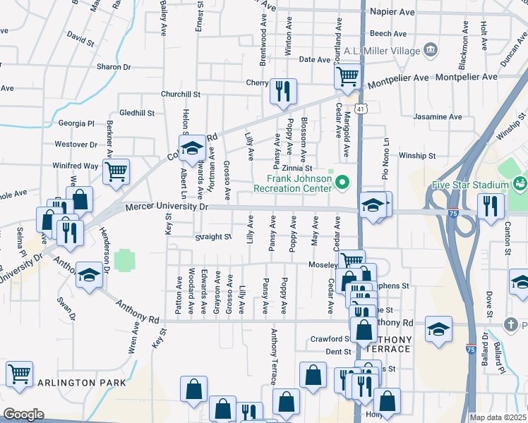 map of restaurants, bars, coffee shops, grocery stores, and more near 2620 Georgia 74 in Macon