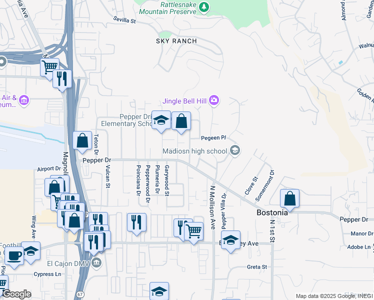 map of restaurants, bars, coffee shops, grocery stores, and more near 8238 Rockview Drive in El Cajon