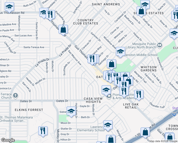 map of restaurants, bars, coffee shops, grocery stores, and more near 4538 San Marcus Drive in Mesquite