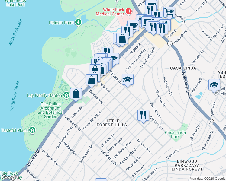 map of restaurants, bars, coffee shops, grocery stores, and more near 9010 San Fernando Way in Dallas