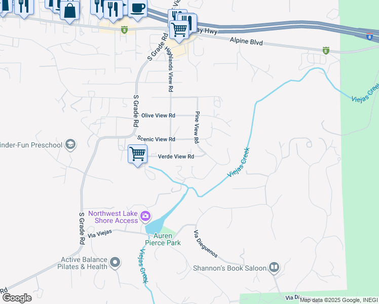map of restaurants, bars, coffee shops, grocery stores, and more near 2940 Verde View Road in Alpine
