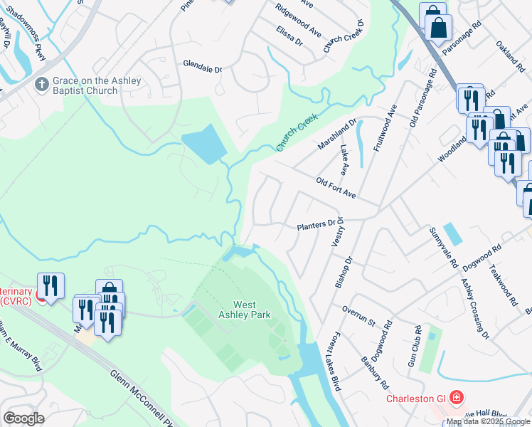 map of restaurants, bars, coffee shops, grocery stores, and more near 2112 Military Way in Charleston