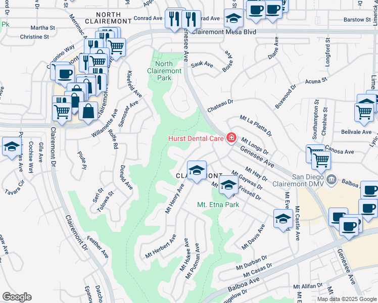 map of restaurants, bars, coffee shops, grocery stores, and more near 4536 Mount Lindsey Place in San Diego