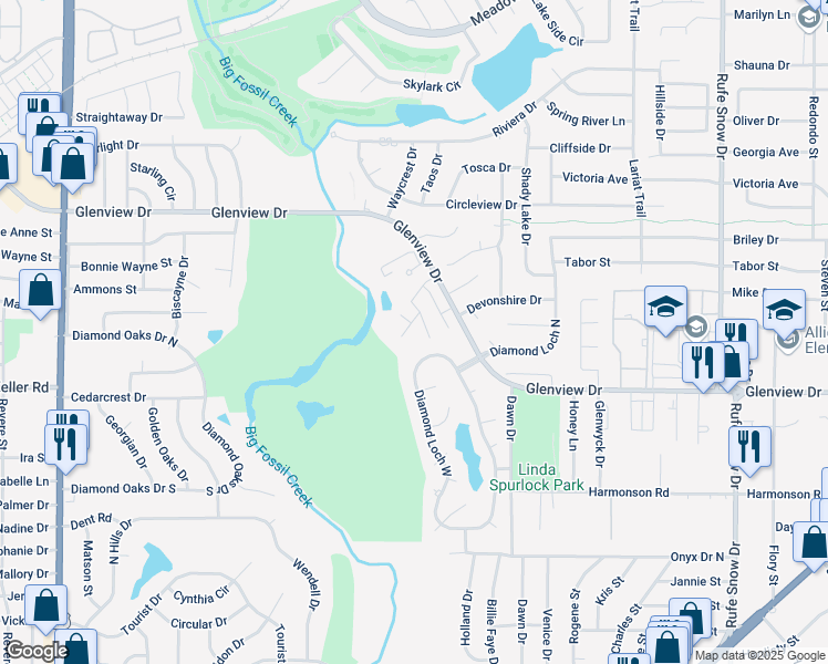 map of restaurants, bars, coffee shops, grocery stores, and more near 6256 Glenview Drive in North Richland Hills