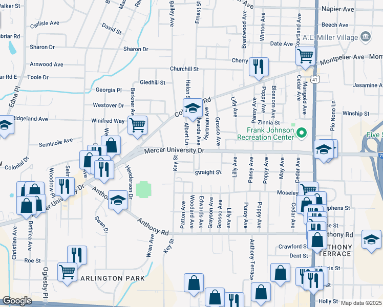 map of restaurants, bars, coffee shops, grocery stores, and more near 2920 Mercer University Drive in Macon