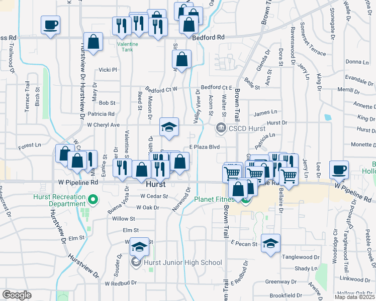 map of restaurants, bars, coffee shops, grocery stores, and more near 100 East Plaza Boulevard in Hurst