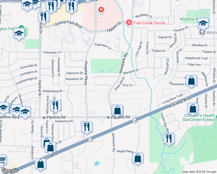 map of restaurants, bars, coffee shops, grocery stores, and more near 2503 Westpark Way Circle in Euless