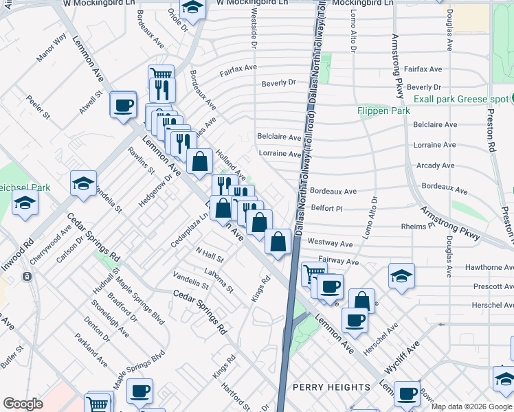 map of restaurants, bars, coffee shops, grocery stores, and more near 3600 Wheeler Street in Dallas