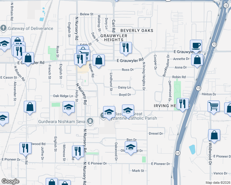 map of restaurants, bars, coffee shops, grocery stores, and more near 1209 Boyd Drive in Irving