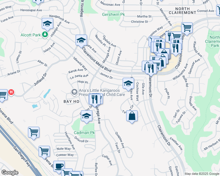 map of restaurants, bars, coffee shops, grocery stores, and more near 3454 Oak Glen Lane in San Diego