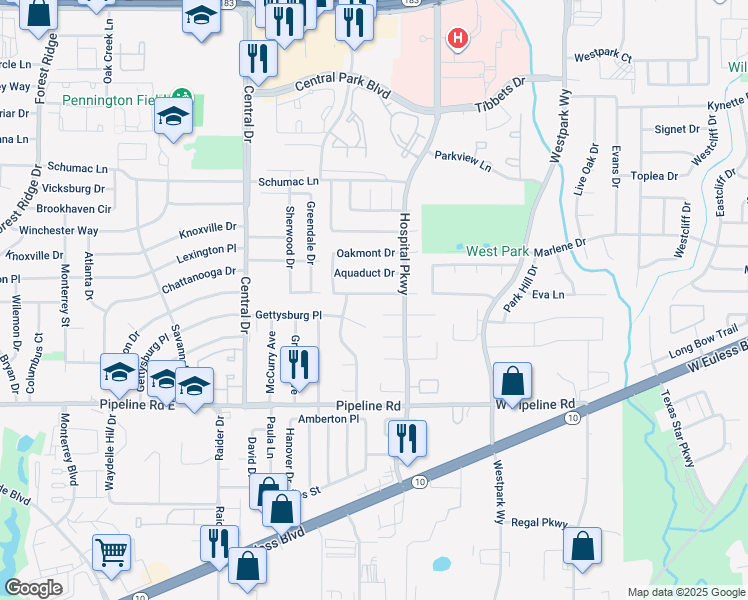 map of restaurants, bars, coffee shops, grocery stores, and more near 2404 Dalewood Ln in Bedford