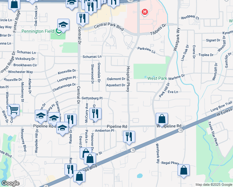 map of restaurants, bars, coffee shops, grocery stores, and more near 2404 Dalewood Lane in Bedford