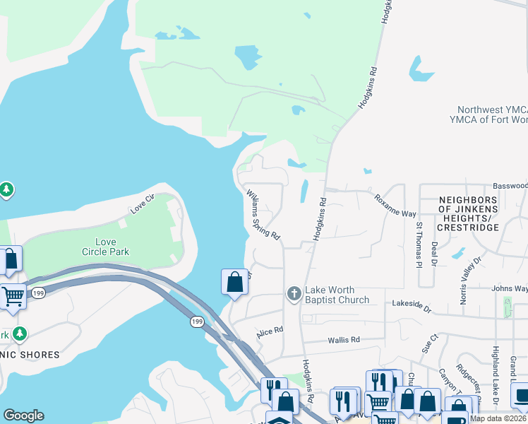 map of restaurants, bars, coffee shops, grocery stores, and more near 4822 Williams Spring Road in Fort Worth