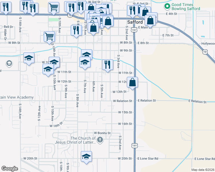 map of restaurants, bars, coffee shops, grocery stores, and more near 1204 S Central Ave in Safford