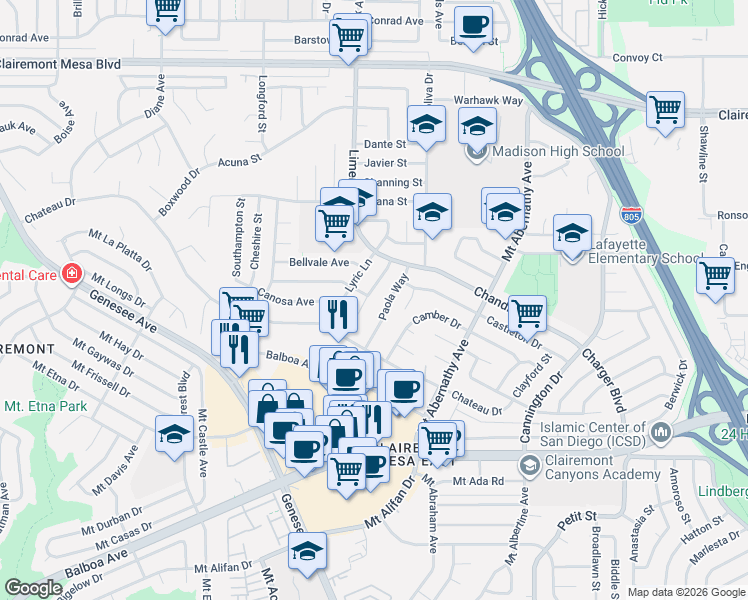 map of restaurants, bars, coffee shops, grocery stores, and more near 4476 Limerick Way in San Diego