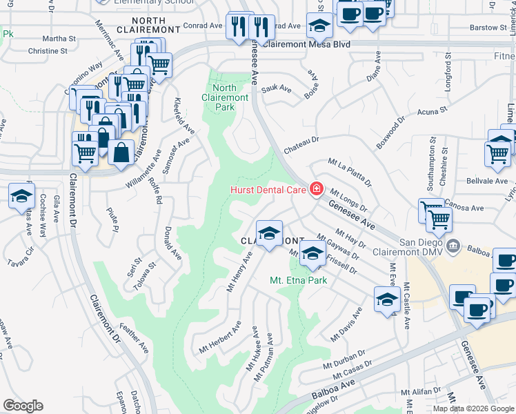 map of restaurants, bars, coffee shops, grocery stores, and more near 4536 Mount Lindsey Place in San Diego