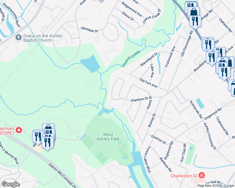 map of restaurants, bars, coffee shops, grocery stores, and more near 2112 Military Way in Charleston