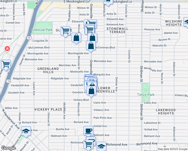 map of restaurants, bars, coffee shops, grocery stores, and more near 5710 Marquita Avenue in Dallas