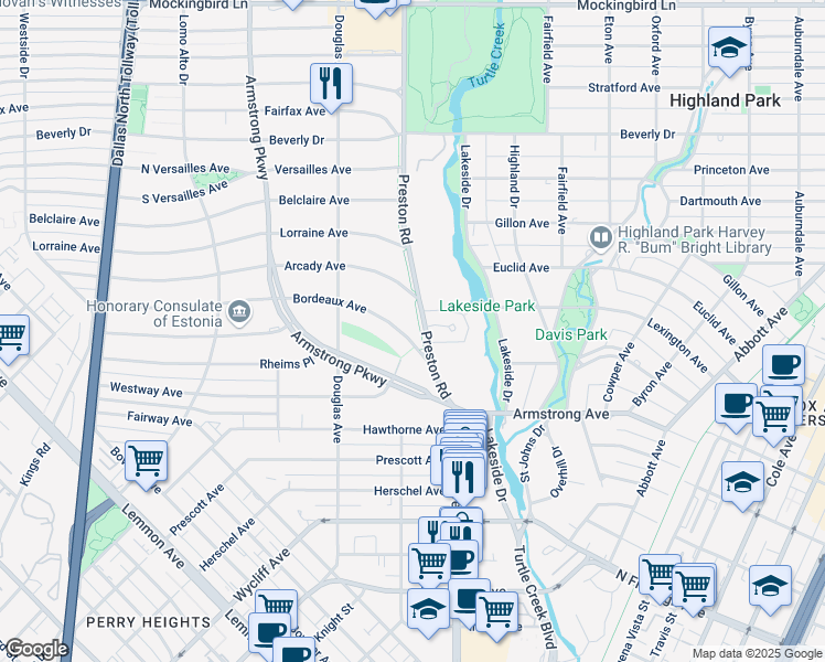 map of restaurants, bars, coffee shops, grocery stores, and more near 4200 Bordeaux Avenue in Dallas