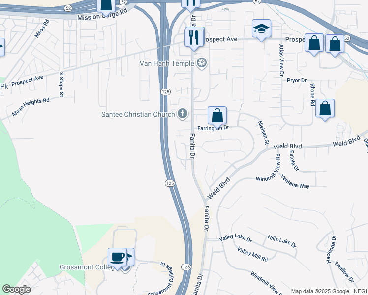 map of restaurants, bars, coffee shops, grocery stores, and more near 9031 Fanita Rancho Road in Santee
