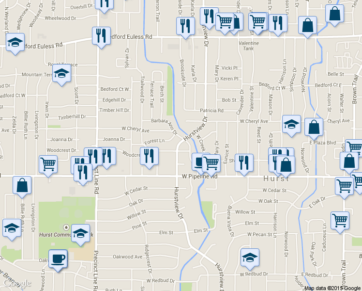map of restaurants, bars, coffee shops, grocery stores, and more near 904 Hurstview Drive in Hurst