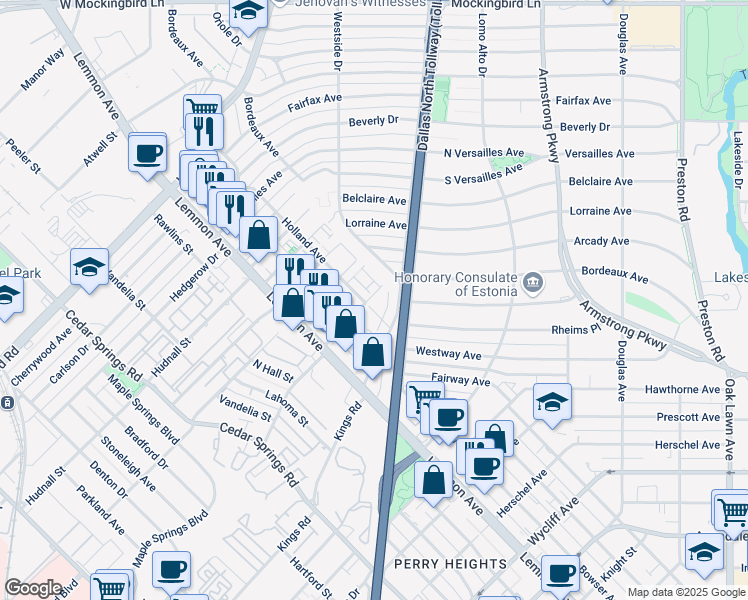 map of restaurants, bars, coffee shops, grocery stores, and more near 5020 Holland Avenue in Dallas