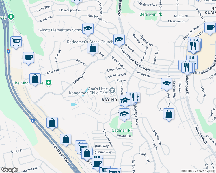 map of restaurants, bars, coffee shops, grocery stores, and more near 4542 Jicarillo Avenue in San Diego