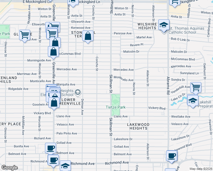 map of restaurants, bars, coffee shops, grocery stores, and more near 6028 1/2 Marquita Avenue in Dallas