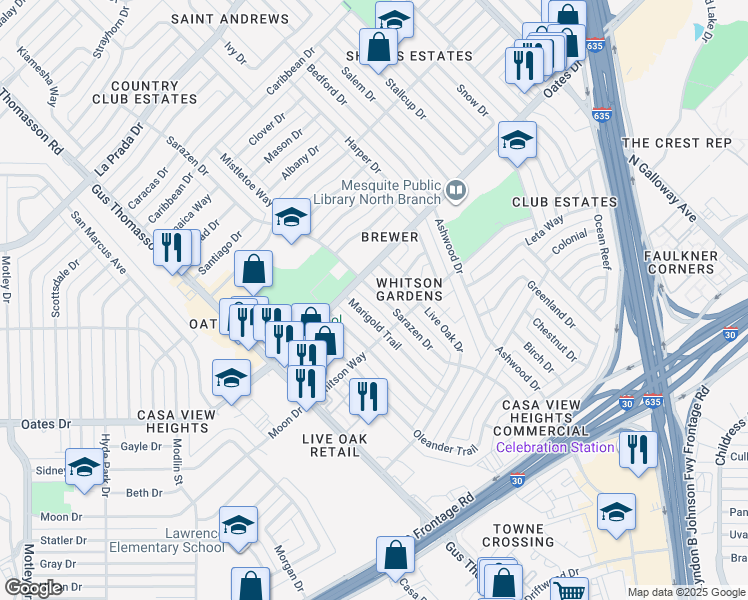 map of restaurants, bars, coffee shops, grocery stores, and more near 4525 Sarazen Drive in Mesquite