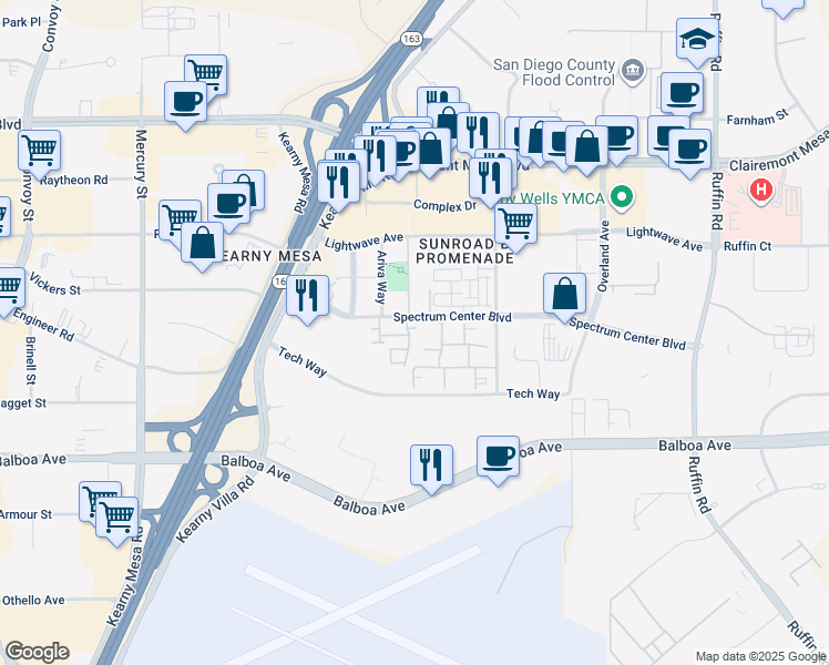 map of restaurants, bars, coffee shops, grocery stores, and more near 8783 Park Place Court in San Diego