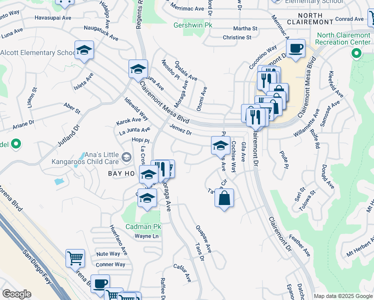 map of restaurants, bars, coffee shops, grocery stores, and more near 3454 Oak Glen Lane in San Diego
