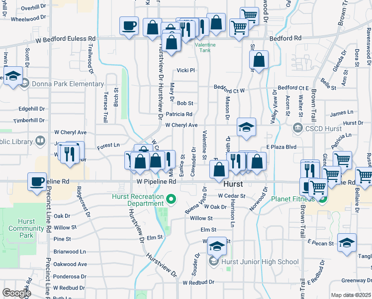 map of restaurants, bars, coffee shops, grocery stores, and more near 1016 Eunice Street in Hurst